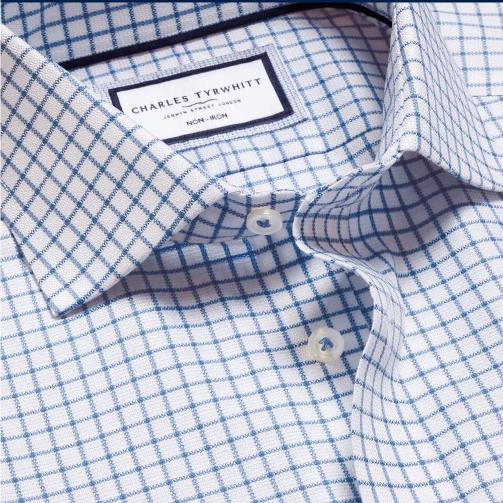 Charles Tyrwhitt Ocean Blue Check Westminster Weave Cutaway Shirt - 16.5/34”